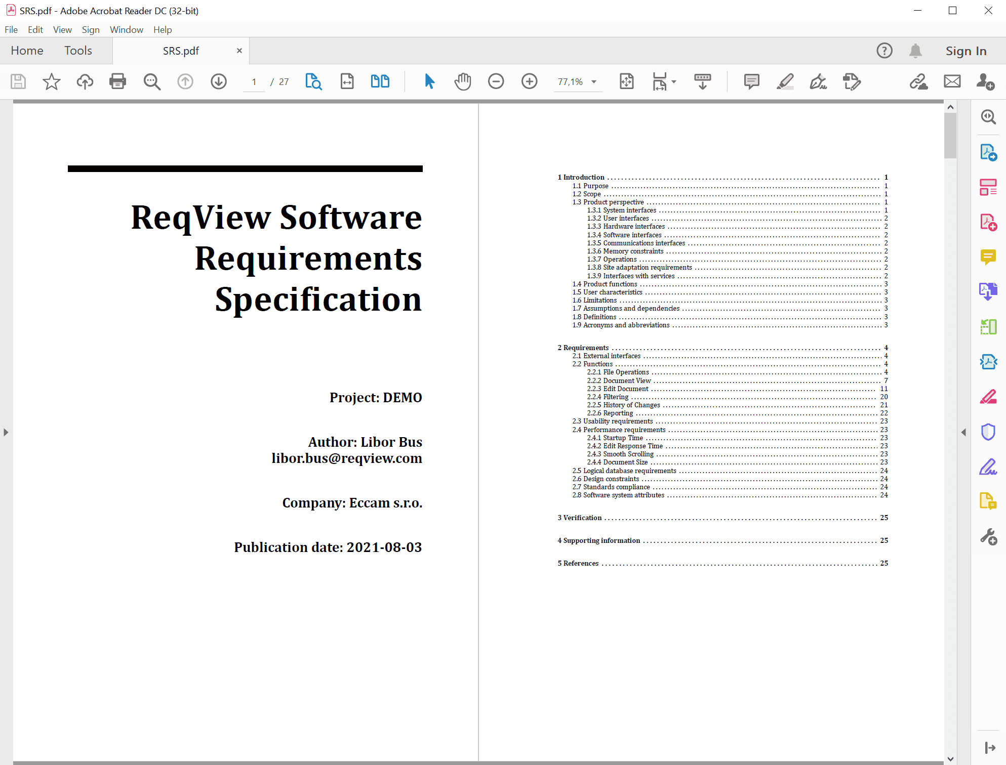 PDF document with requirements and traceability links exported from ReqView