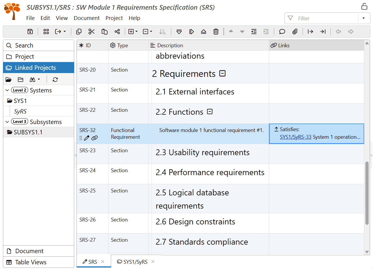 Display traceability links between projects in ReqView
