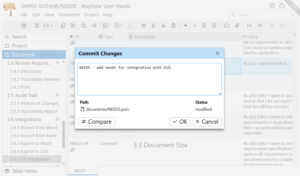 Commit a changed ReqView project to the Git repository
