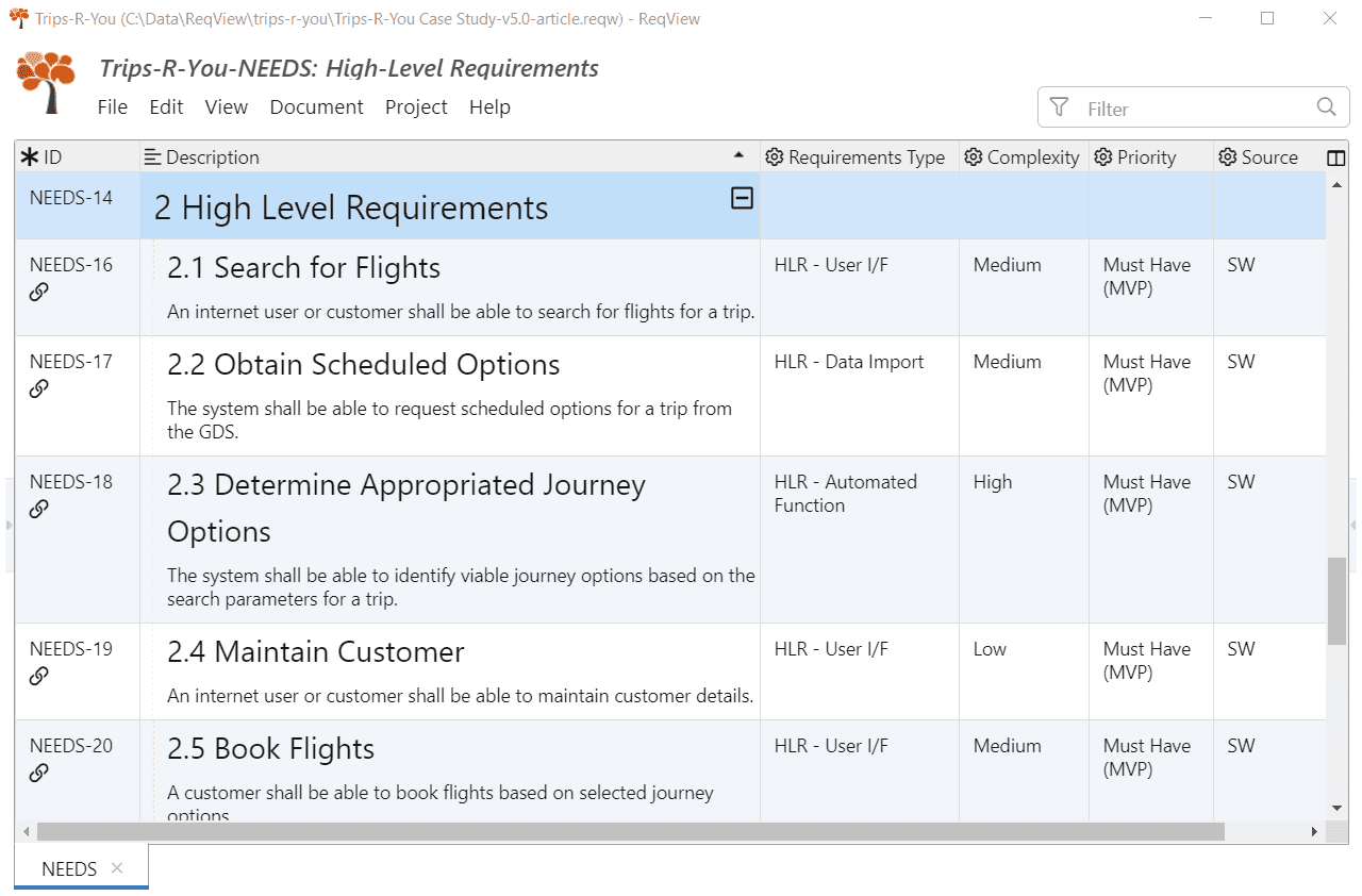 High-level requirements imported from Excel to ReqView