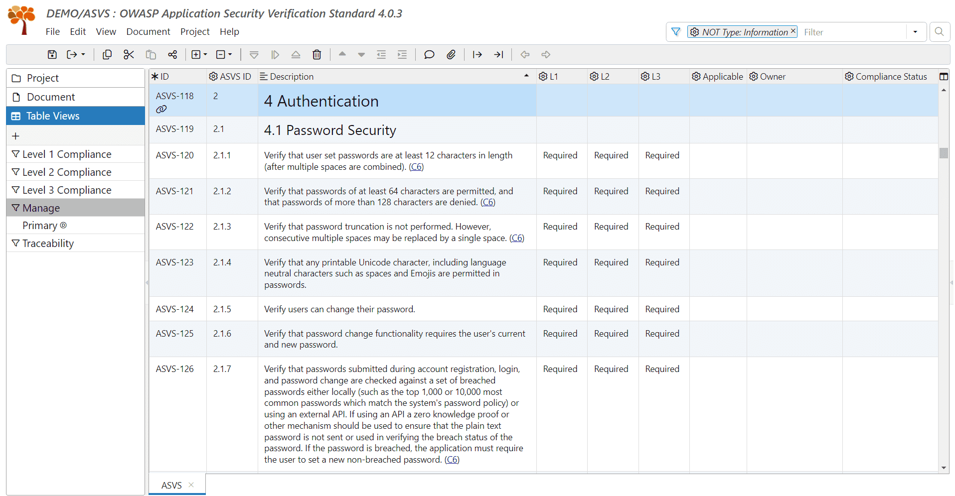 OWASP ASVS documents displayed with the Assignment view in ReqView