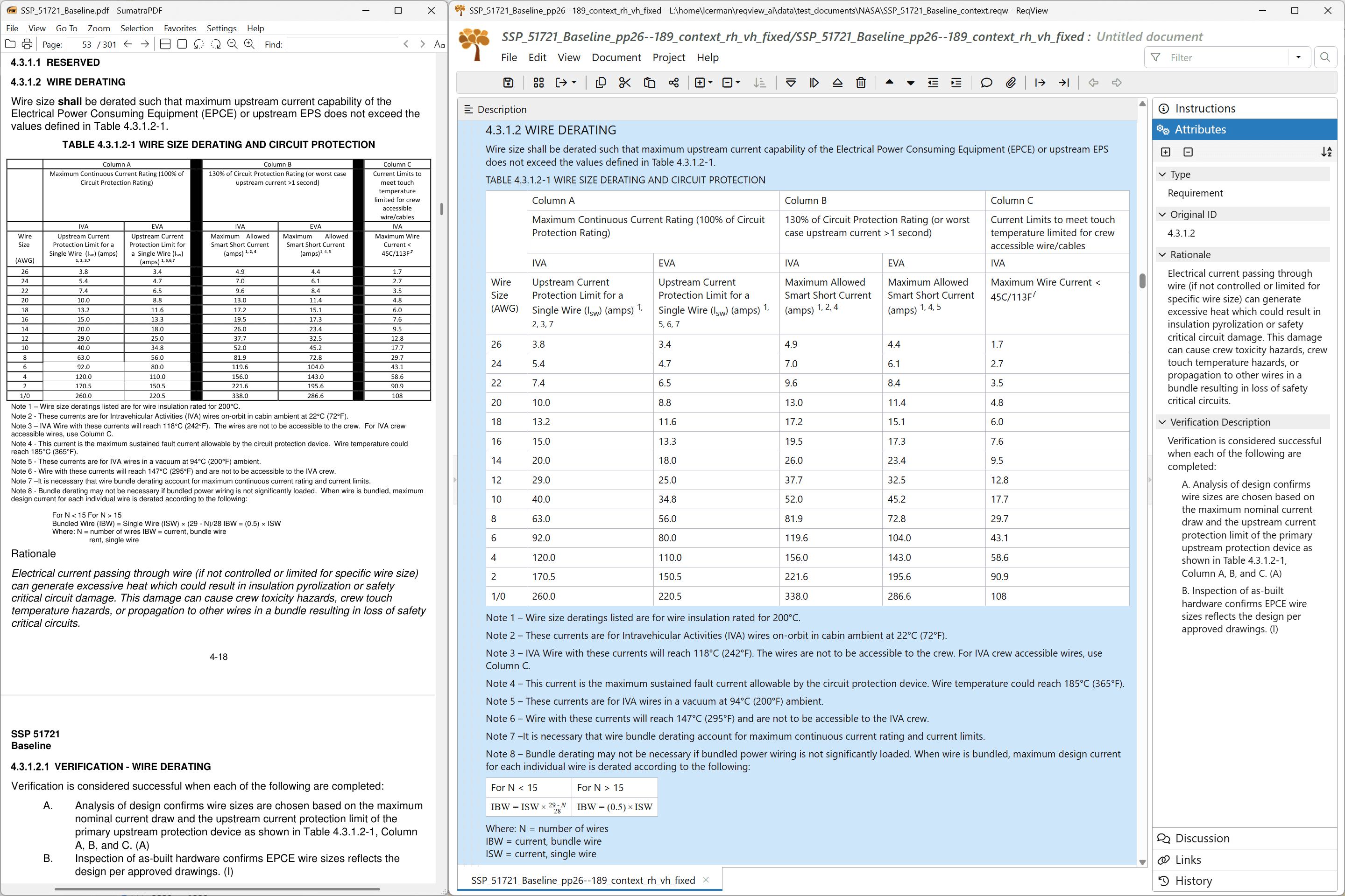 Imported NASA document opened in ReqView next to the original PDF]