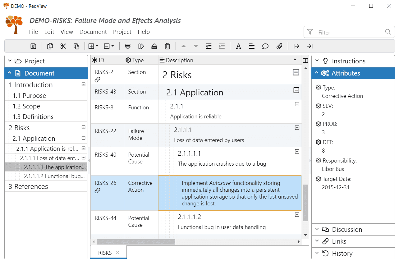 Example Failure Modes and Effects Analysis (FMEA) for ReqView