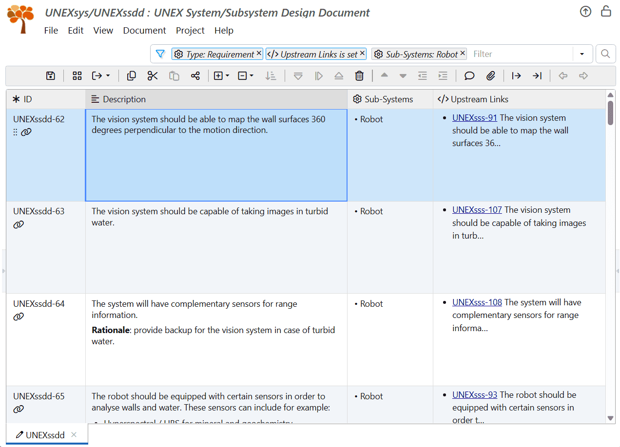 Filter all system requirements allocated to Robot sub-system in ReqView