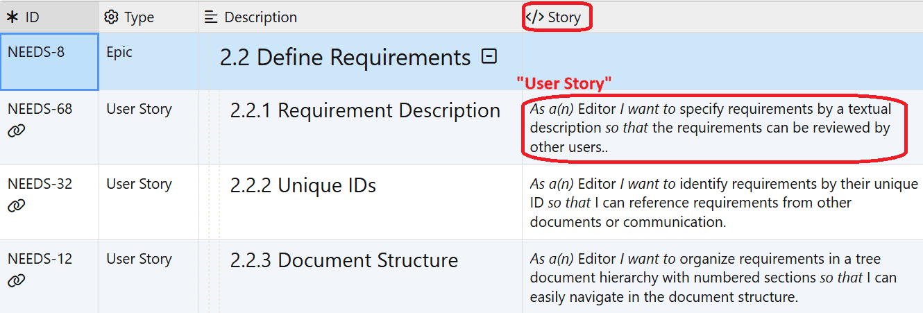 Display of the template column Story in ReqView Display of the template column Story in ReqView