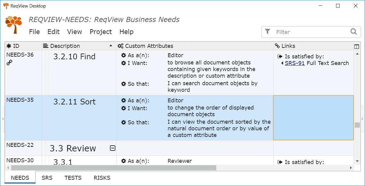 Requirements coverage gaps visible in the Links column