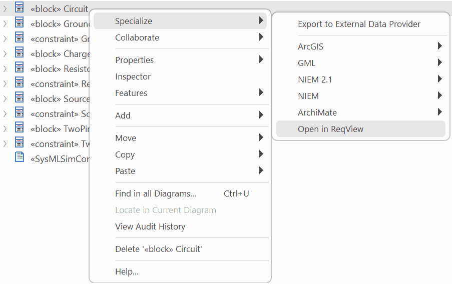 ReqView Enterprise Architect Add-In context menu