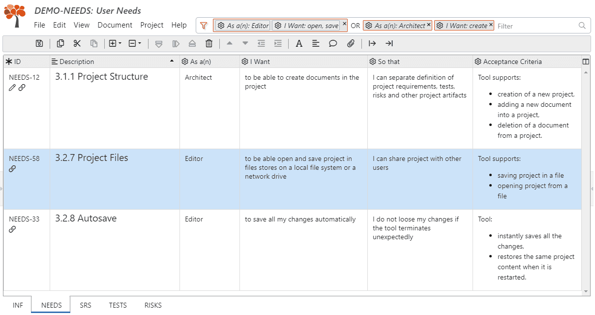 Filter user stories by stakeholder role and keywords in ReqView