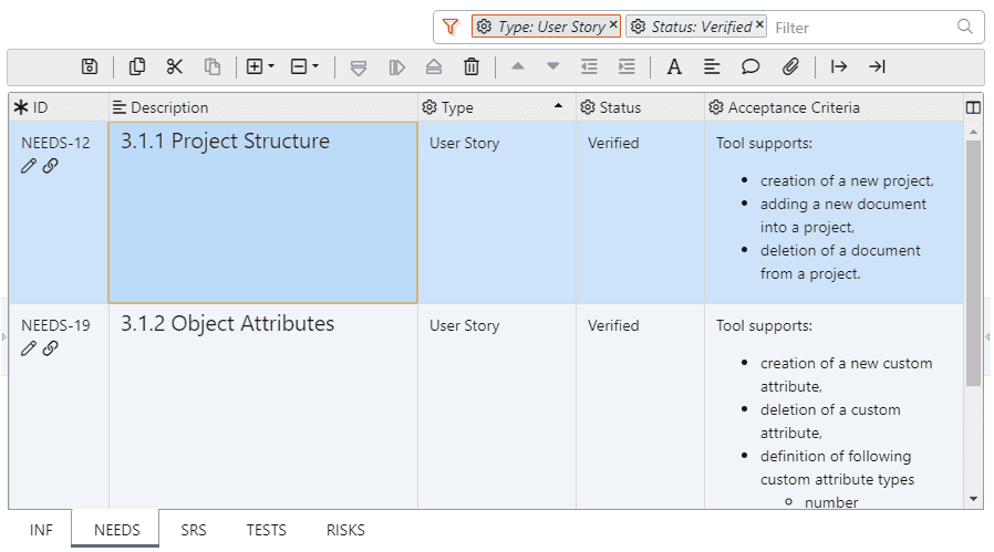 Filter a requirements specification by requirement type and status in ReqView