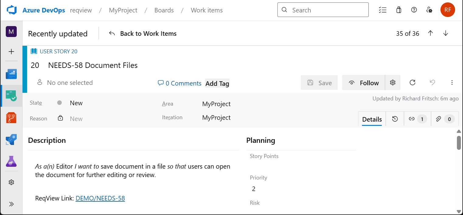 Detailed view of an Azure DevOps work item exported from ReqView Detailed view of an Azure DevOps work item exported from ReqView