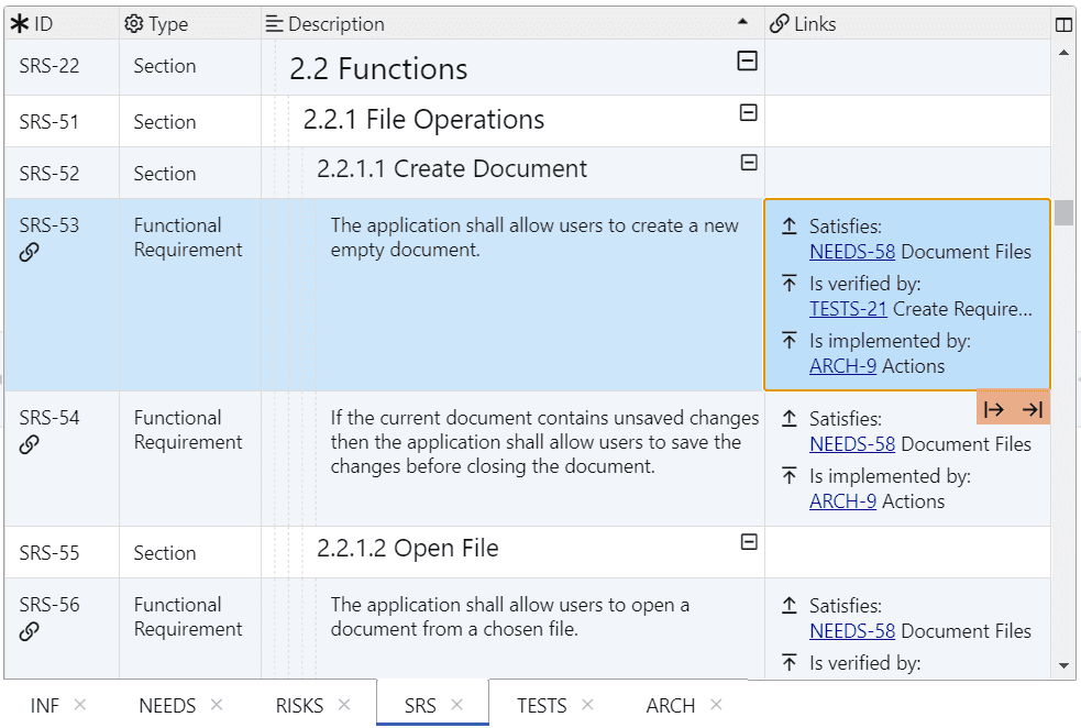 Requirement traceability links in Links column