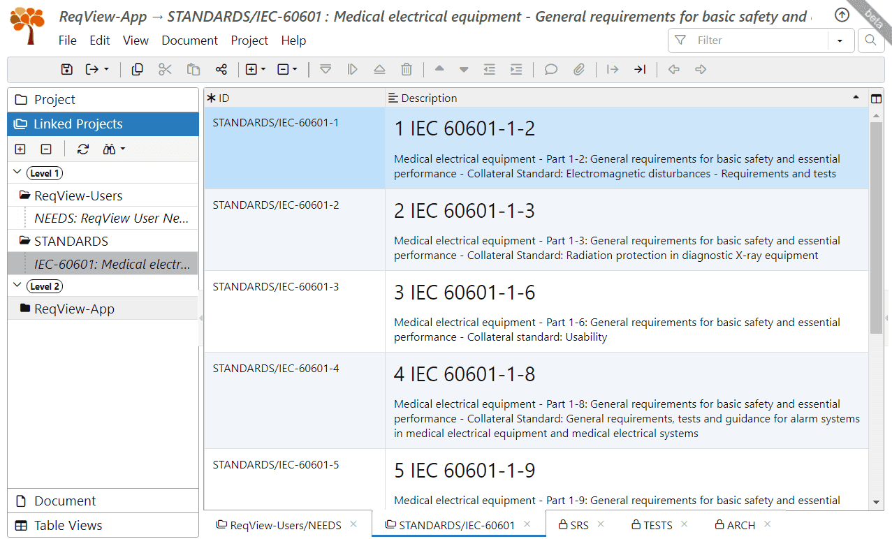 List of linked projects ReqView