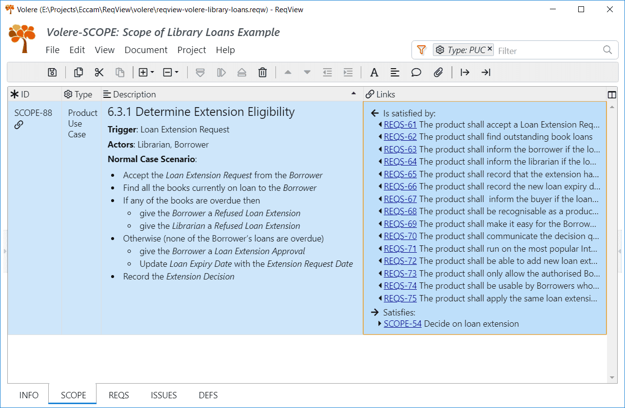 Requirements traceability in the Volere Library Loans Example