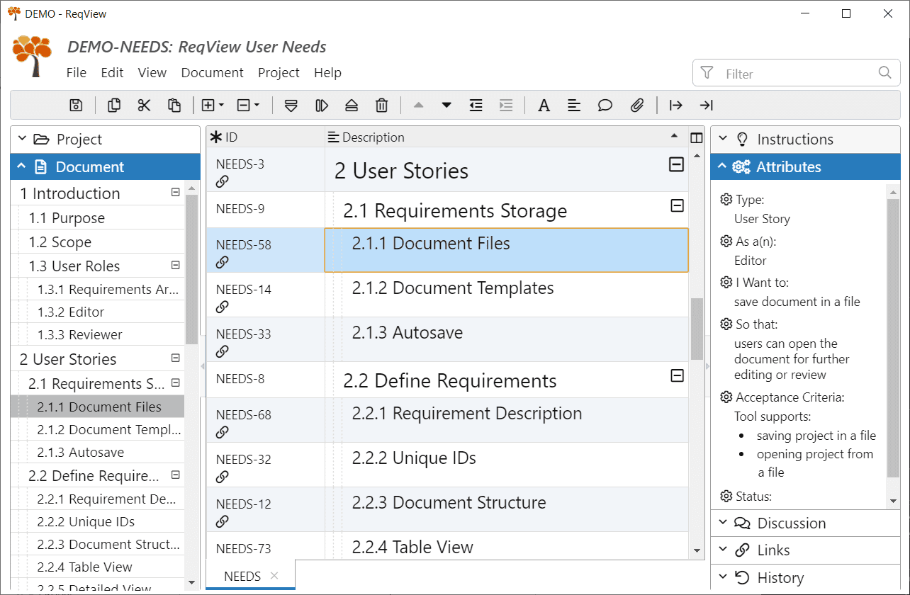 Example ReqView stakeholder requirements specification based on the User Stories template