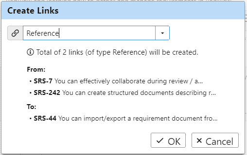 Create requirements traceability links dialog with link type dropdown