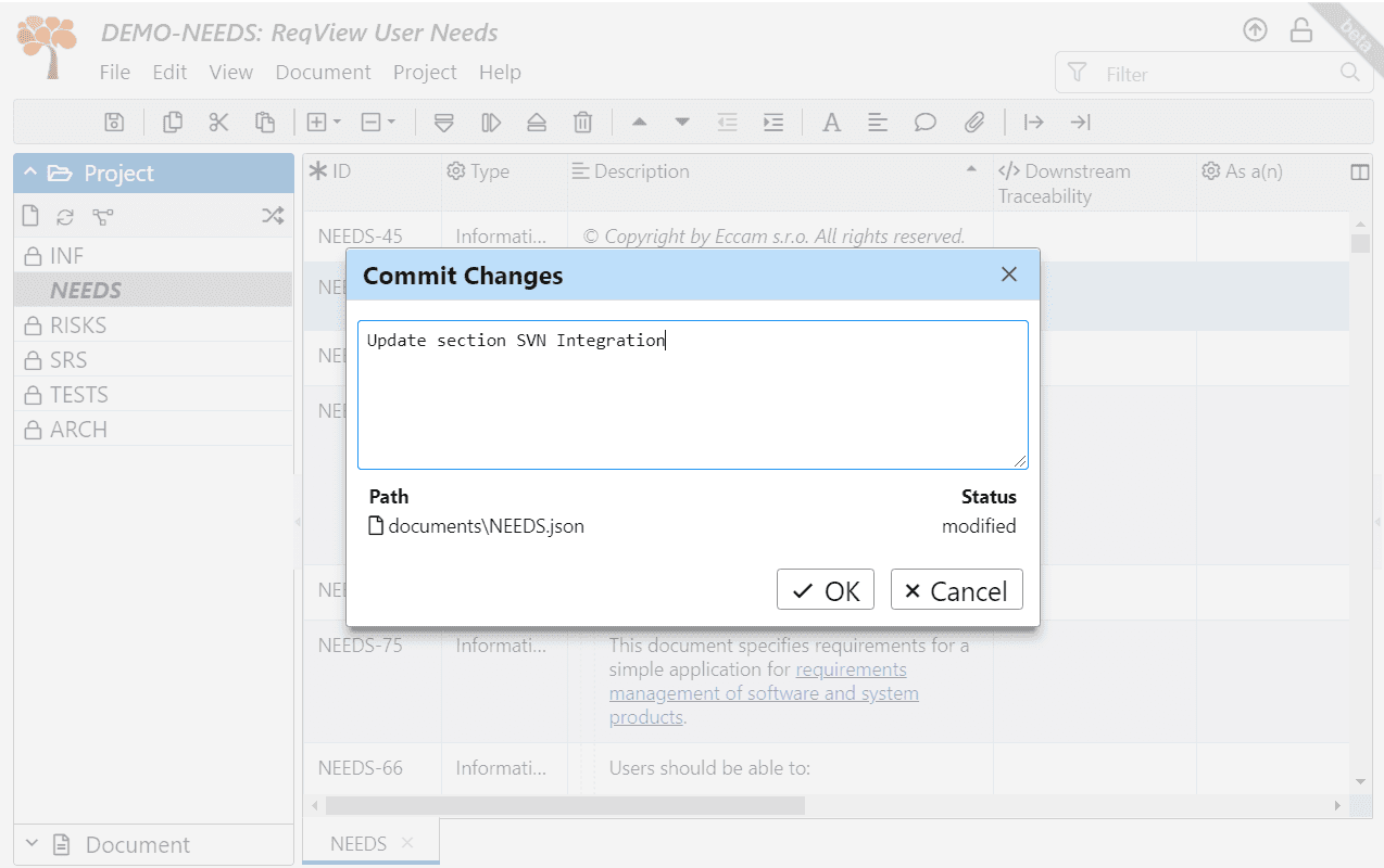 Commit a changed ReqView project to the SVN repository