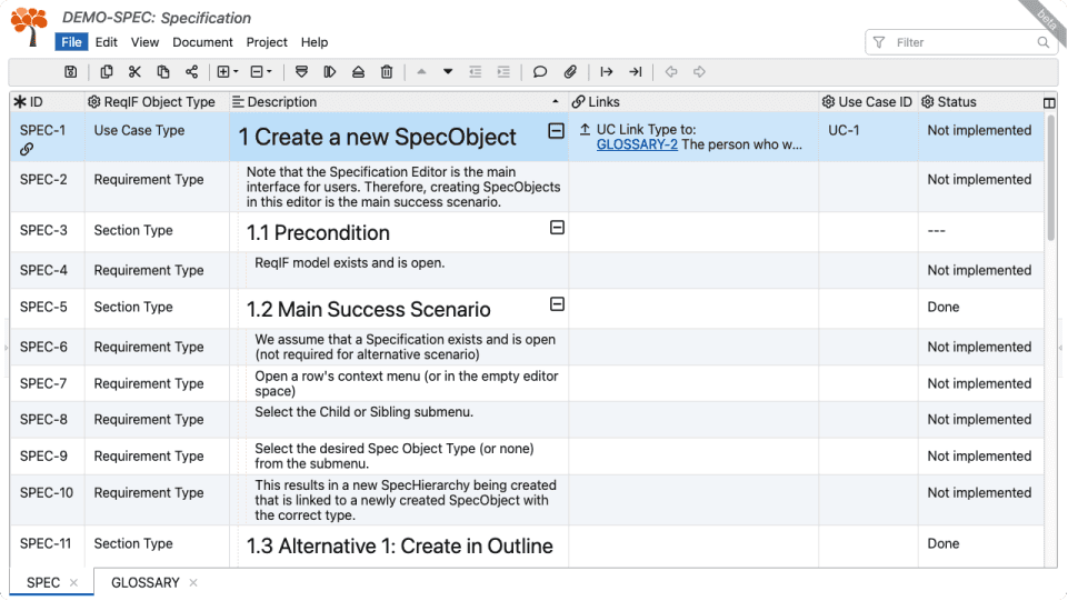 ReqIF specifications imported from ProR into ReqView