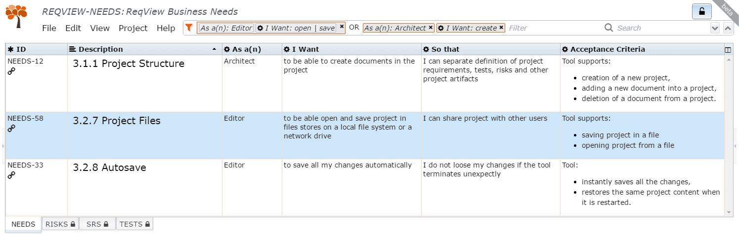 Advanced filter of requirements with AND, OR and NOT logical conditions