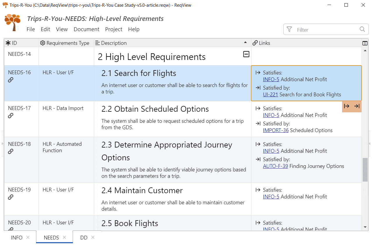 Requirements traceability matrix imported from Excel to ReqView