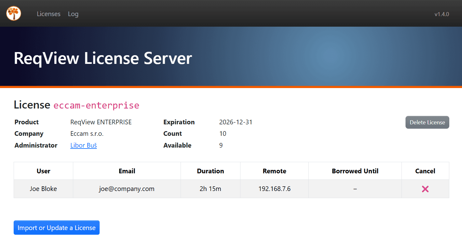 ReqView Floating License Server web page displaying connected clients