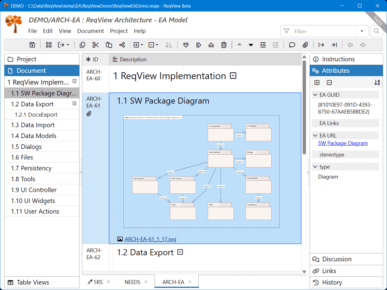 Detailed view of the target SVG attachment containing the imported EA diagram in ReqView
