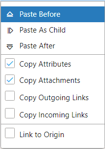 Paste object popup menu with values to copy: position, attributes, attachments, links