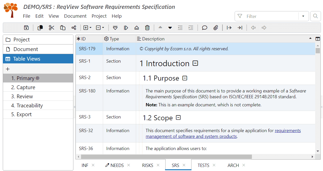 Set up document table views for your requirements management workflow in ReqView