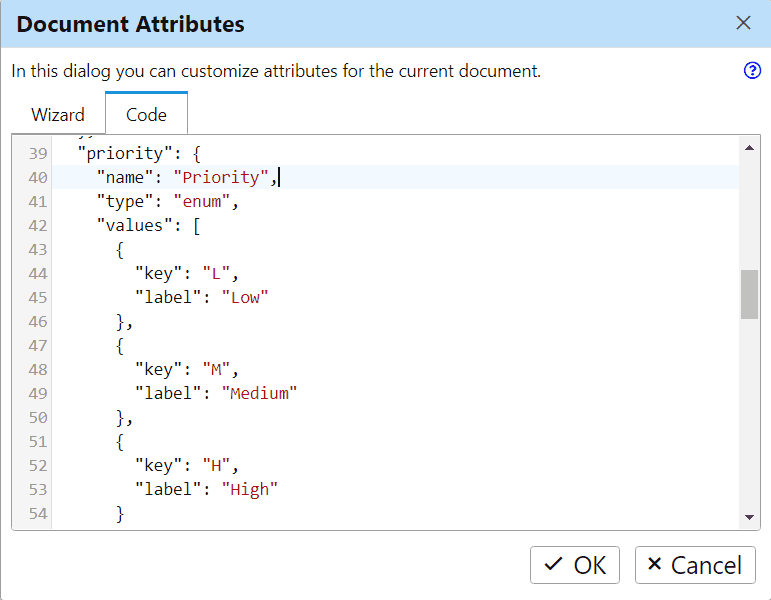 Custom Attributes dialog with JSON syntax highlighting