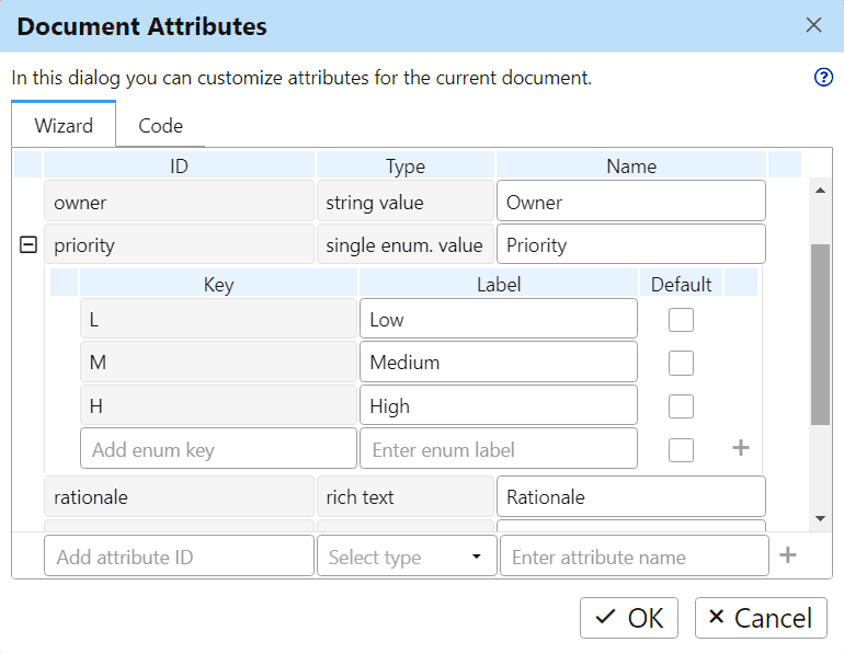Custom Attributes dialog with JSON syntax highlighting