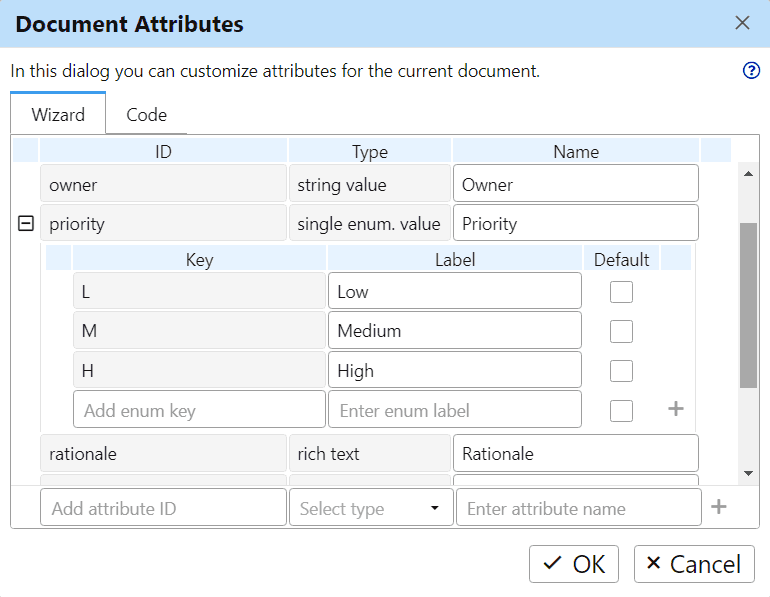 Custom Attributes dialog in ReqView