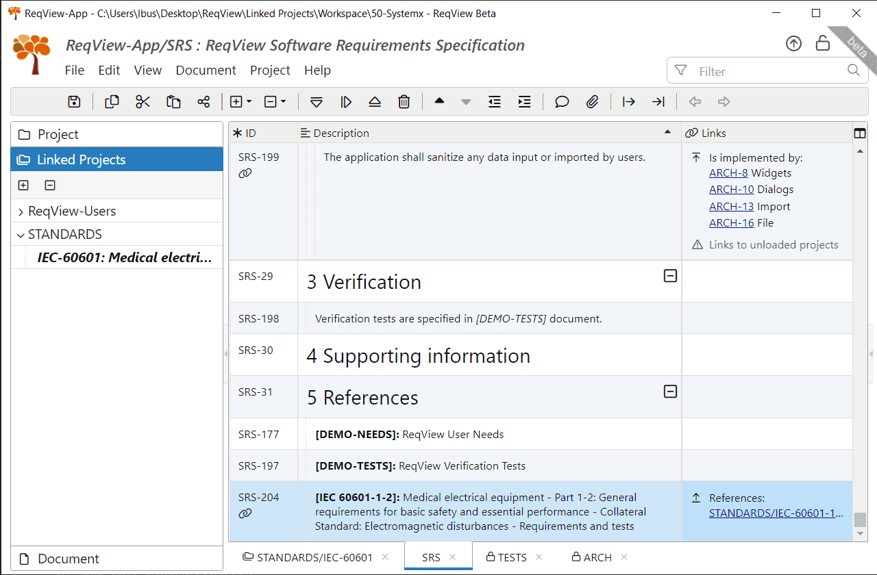 Display traceability links between projects in ReqView