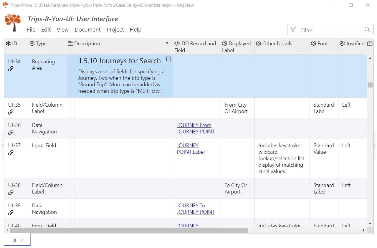 Detailed requirements describing screen area elements imported from Excel to ReqView