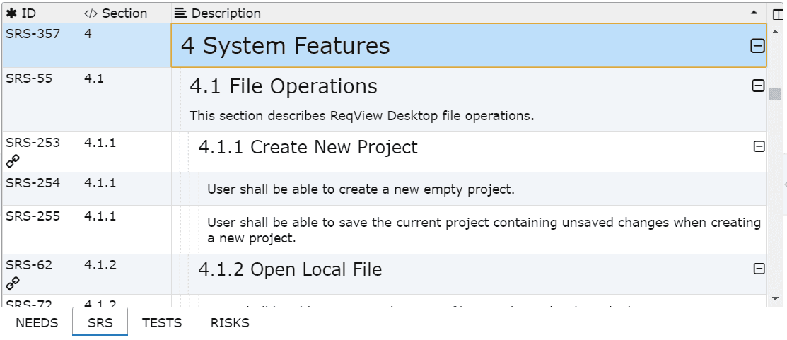 Template column displaying requirement section number