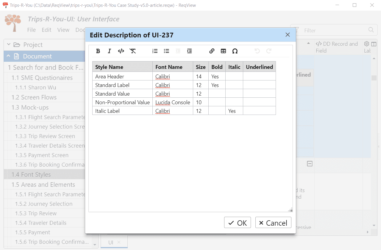 Table with used font styles imported from Excel to ReqView