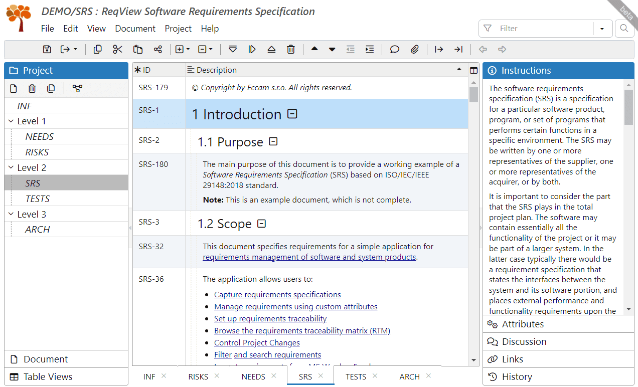 Requirements projects workspace in ReqView