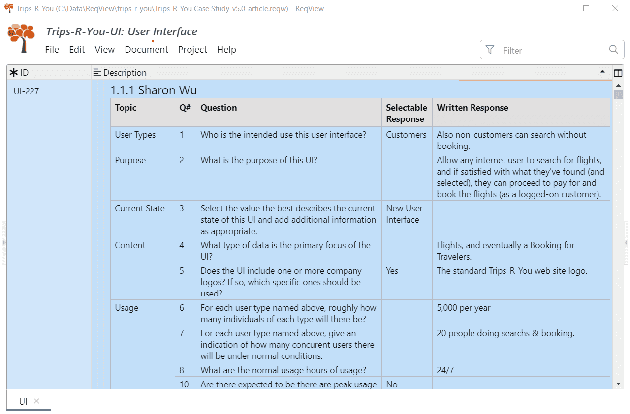 Questionnaire imported from Excel to ReqView as an embedded table