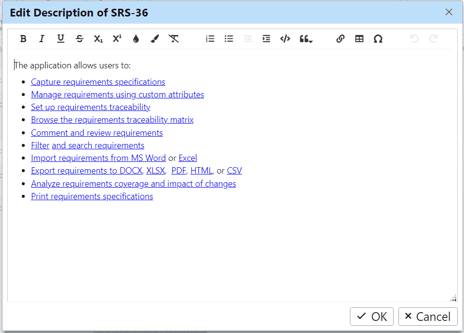 Edit requirement text description or a rich text attribute in a dialog
