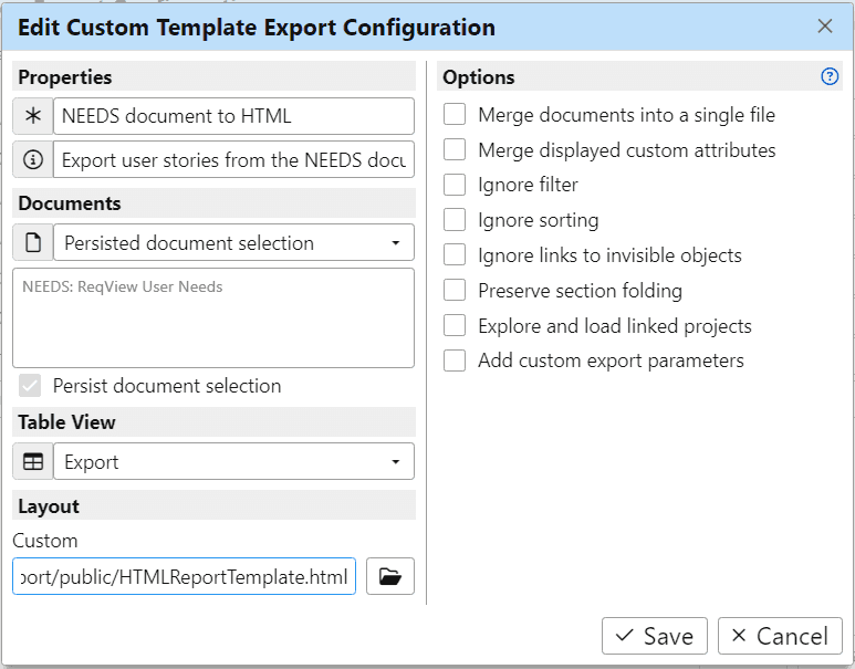 Edit export configuration in ReqView