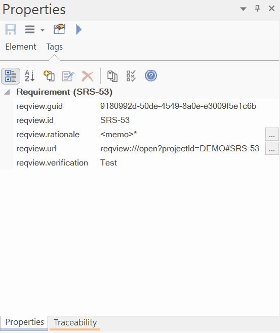 List of tagged values of an EA model element exported from a functional requirement in ReqView