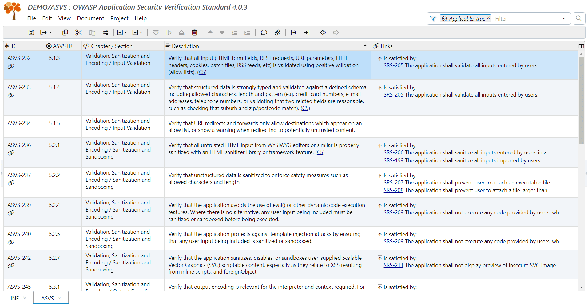 Example of using ASVS document with traceability to SRS in ReqView