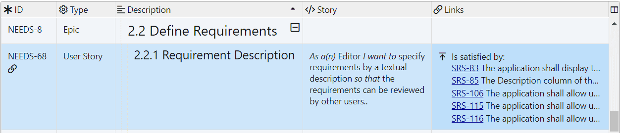 Requirements traceability view in ReqView displaying user needs and functional requirements