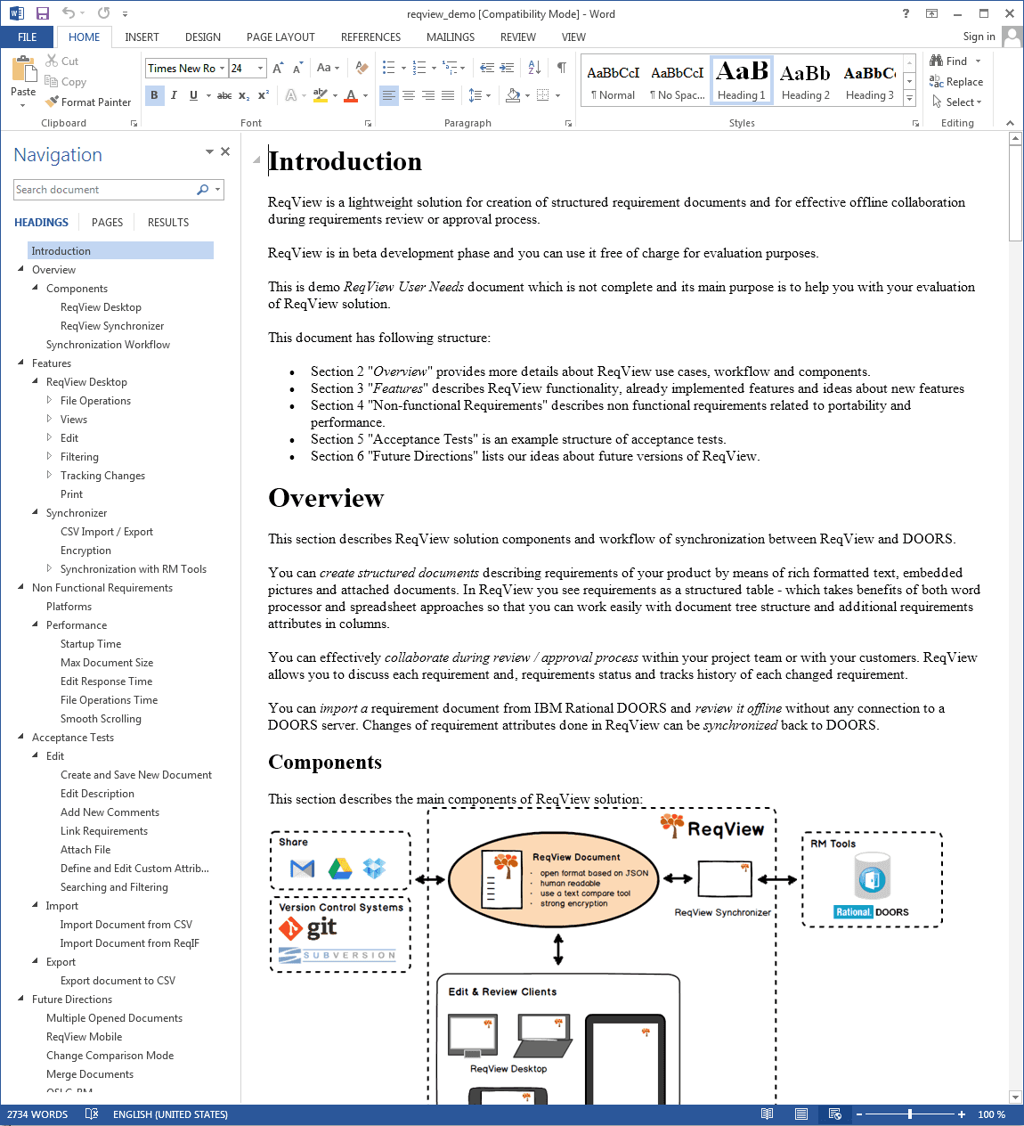 Word document with document structure in Navigation pane