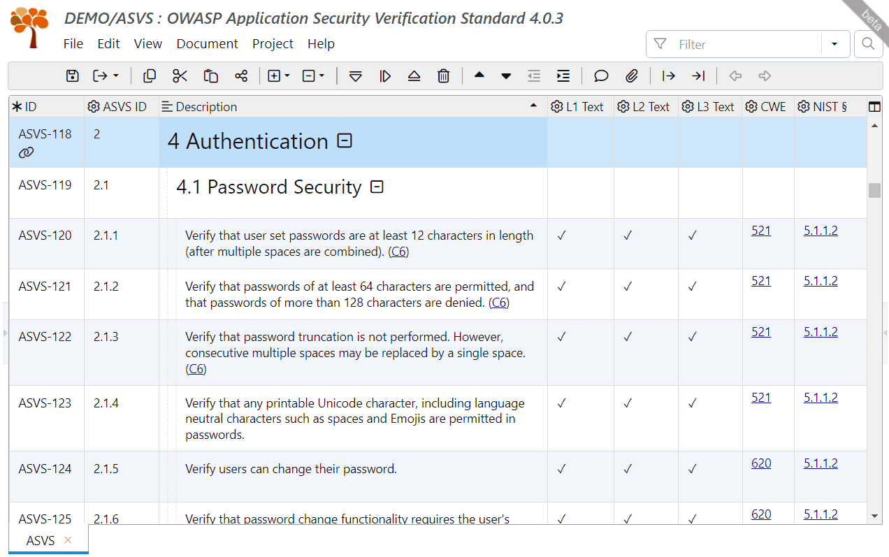 ReqView document created from the OWASP ASVS template